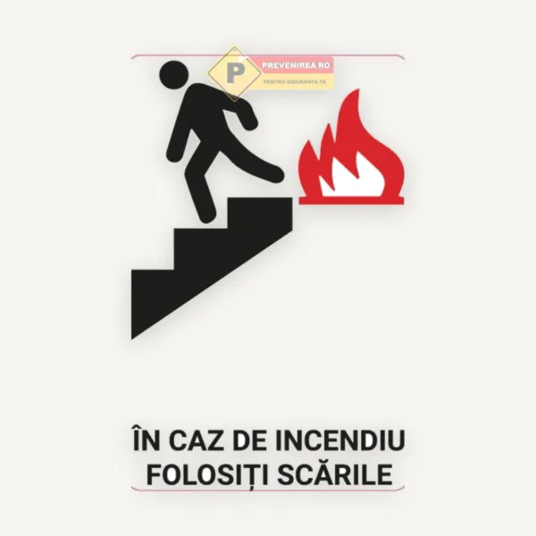 Indicator ‘În caz de incendiu folosiți scările’ - semnalizare de siguranță pentru clădiri și evacuare