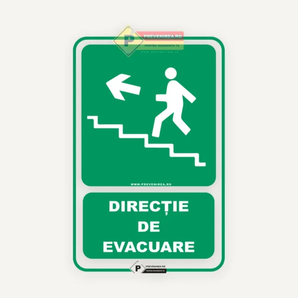 Indicator evacuare scări stânga sus - semnalizare de siguranță pentru clădiri și spații publice