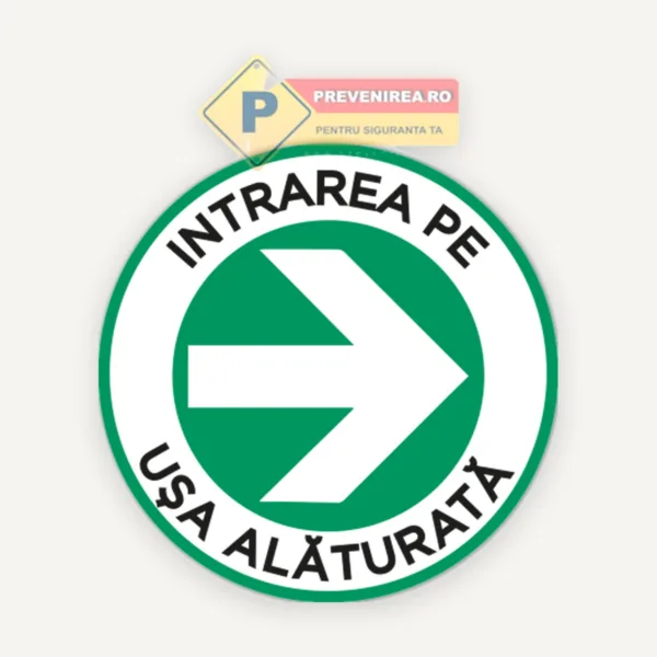 Indicator Intrare pe ușa alăturată la dreapta” - semn direcțional clar și vizibil