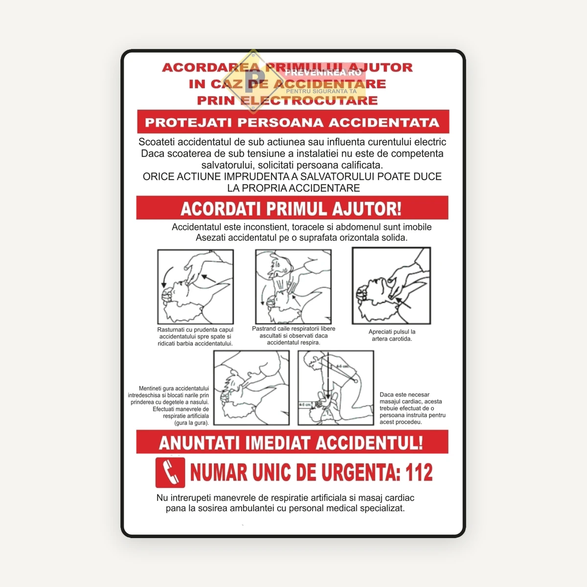 Indicator Acordarea Primului Ajutor în Caz de Electrocutare - Semn de Securitate Obligatoriu pentru Protecția Muncii