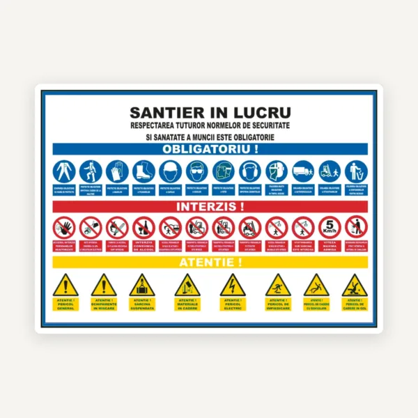 Panou santier in lucru respectarea tuturor normelor de securitatea si sanatatea a muncii este obligatorie