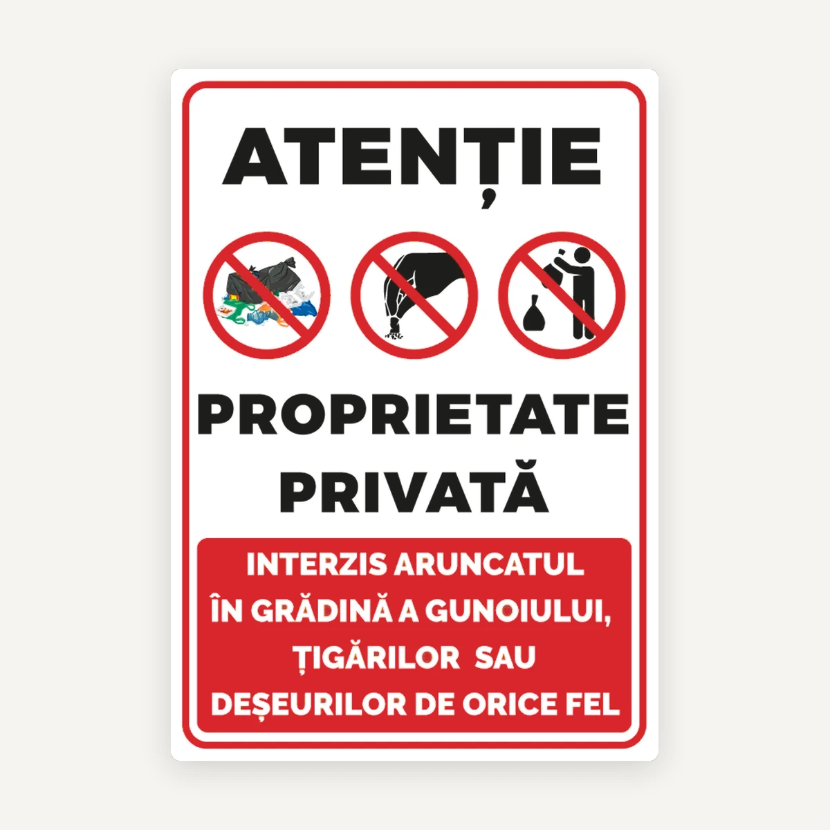 Indicator pentru proprietate Privată - Interzis Aruncatul Gunoiului și Țigărilor