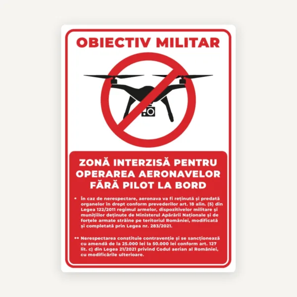 Semn obiectiv militar zona interzisa pentru operarea aeronavelor fara pilot la bord