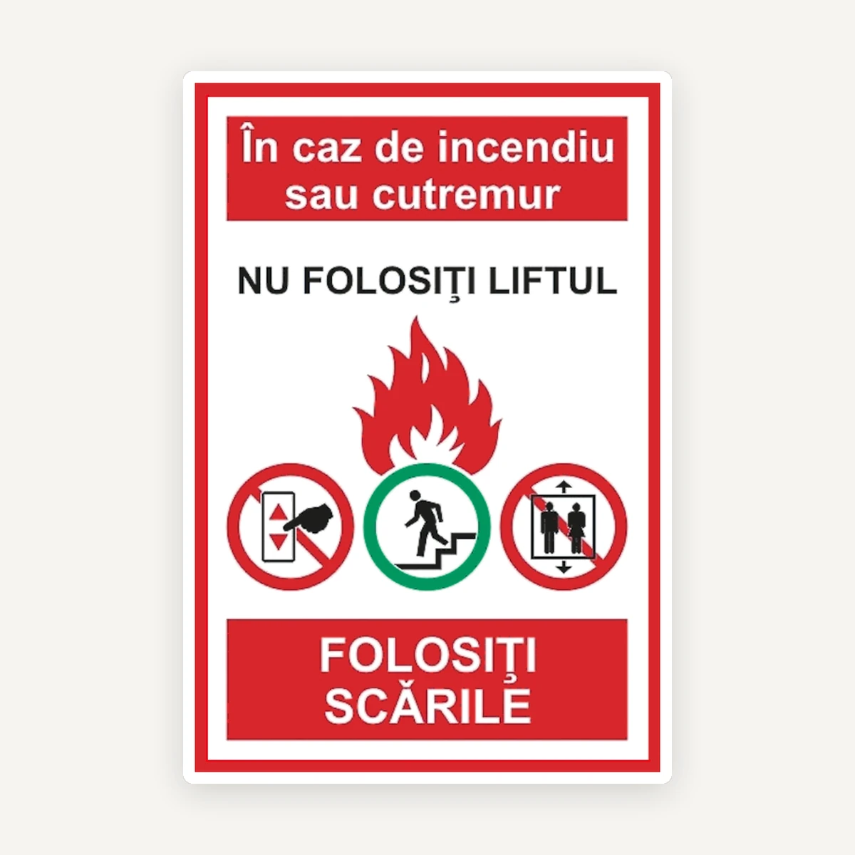 Plăcuță standard de siguranță - Evacuare corectă în caz de incendiu sau cutremur