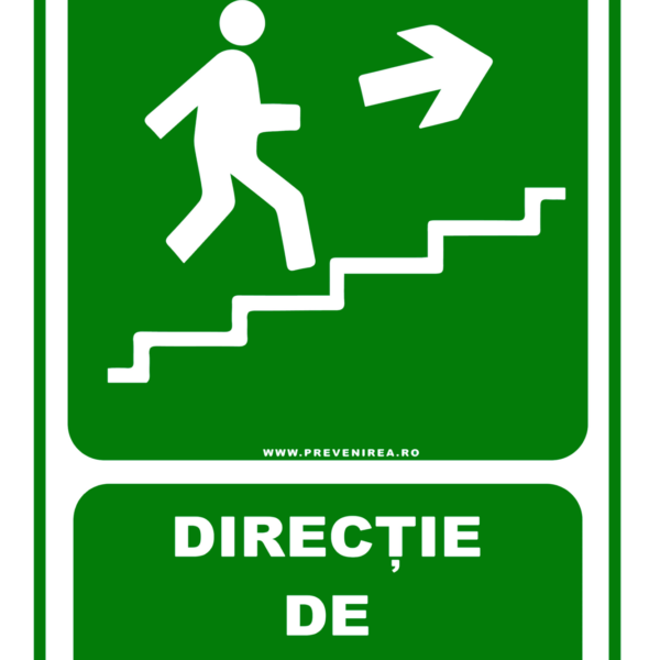 Indicator evacuare scări dreapta sus - semn de siguranță pentru ieșire de urgență, conform norme PSI