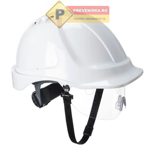 Cască Profesională Albă cu Vizieră și Antifoane - Ideală pentru Construcții și Industrie