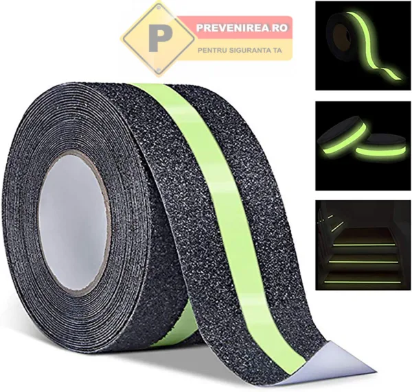 Bandă antiderapantă profesională - fluorescentă / fosforescentă / granulară - autoadezivă pentru siguranță pe trepte, rampe, pardoseli și platforme