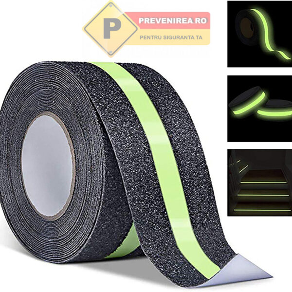 Bandă antiderapantă profesională - fluorescentă / fosforescentă / granulară - autoadezivă pentru siguranță pe trepte, rampe, pardoseli și platforme