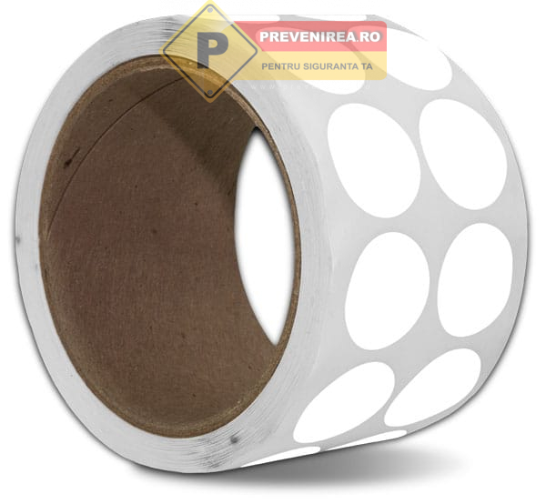 Banda Profesională cu Stickere Rotunde Albe - Etichete Rezistente pentru Medii Industriale