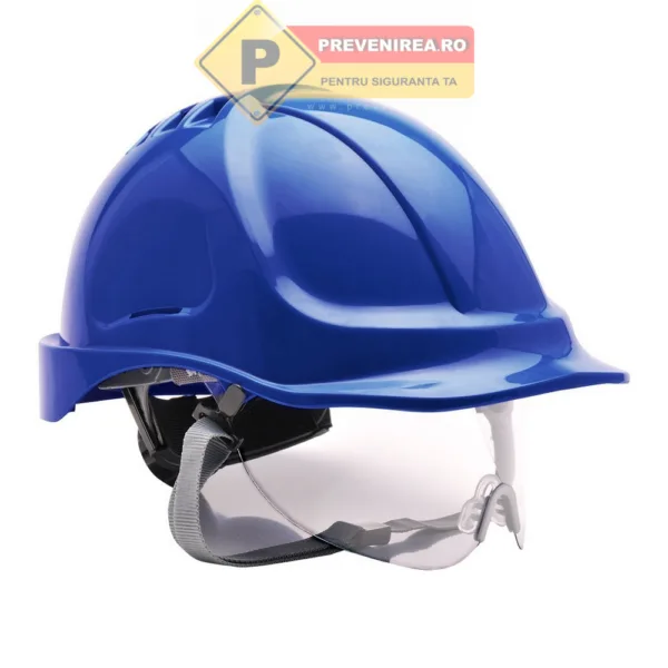 Cască albastră de protecție cu vizor reglabil - Confort și siguranță la locul de muncă