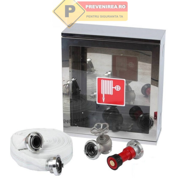 Cutie hidrant interior din inox 570x500x180 mm - complet echipată, avizată CE, calitate premium pentru protecția instalațiilor PSI