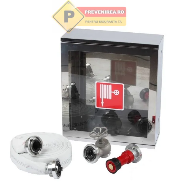 Cutie hidrant interior din inox 570x500x180 mm - complet echipată, avizată CE, calitate premium pentru protecția instalațiilor PSI