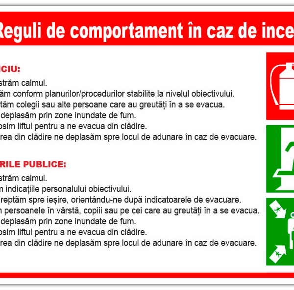 Panou pentru reguli de comportare in caz de incendiu