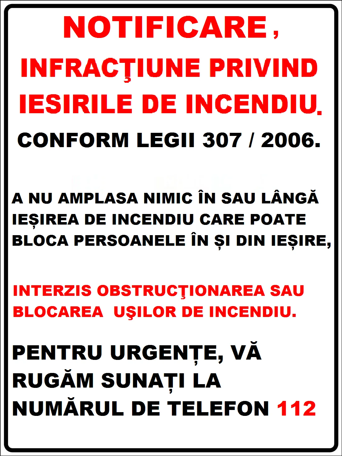 Placuta pentru notificare infractiune privind iesirile de incendiu