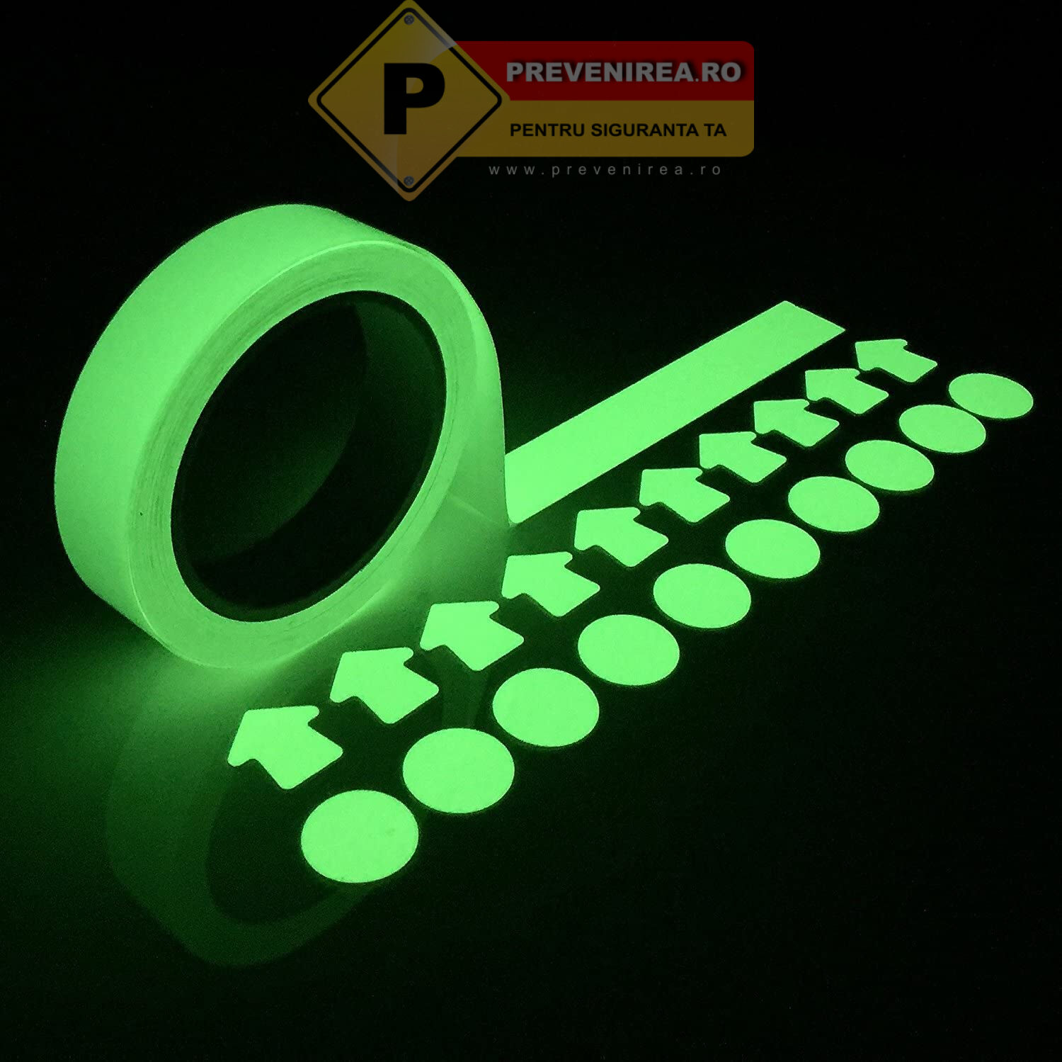 Bandă antiderapantă profesională - fluorescentă / fosforescentă / granulară - autoadezivă pentru siguranță pe trepte, rampe, pardoseli și platforme