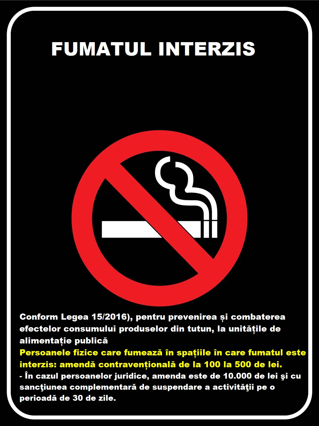 Placuta fumatul interzis conform legii 15