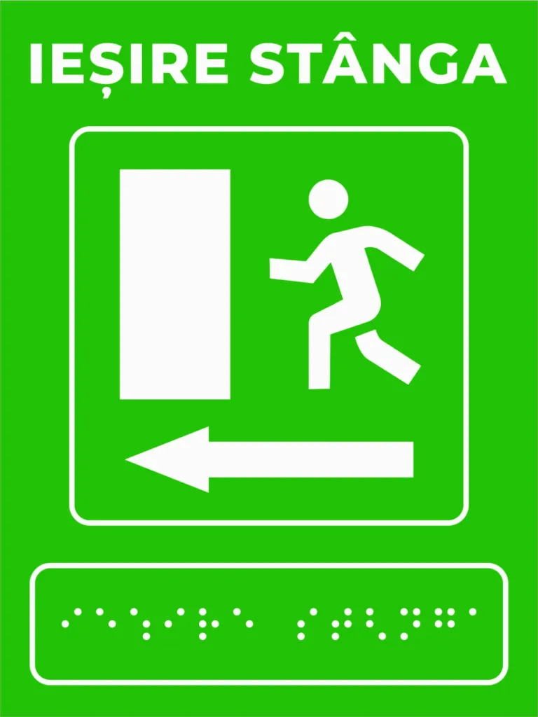 Plăcuță IEȘIRE STÂNGA pentru nevăzători cu text în Braille - soluție completă de orientare și evacuare