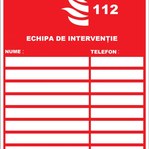 Placuta cu echipa de interventie in caz de incendiu