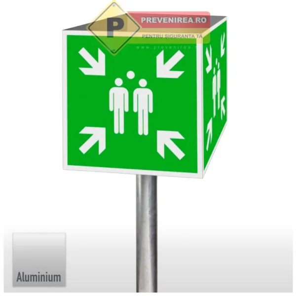 Cub din aluminiu Dibond cu stâlp 2 metri - Semnalizare loc de adunare și evacuare în caz de incendiu