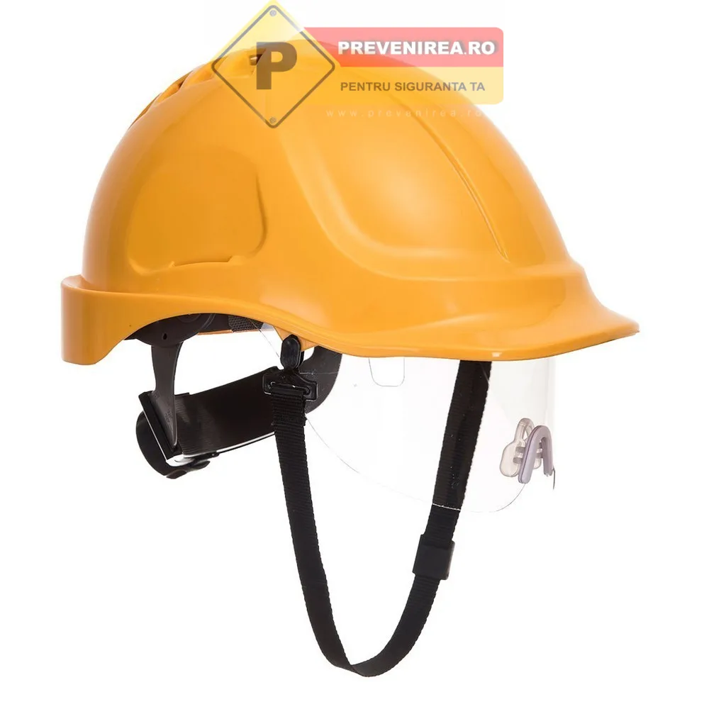 Cască galbenă industrială cu vizor - Protecție completă pentru șantier și industrie