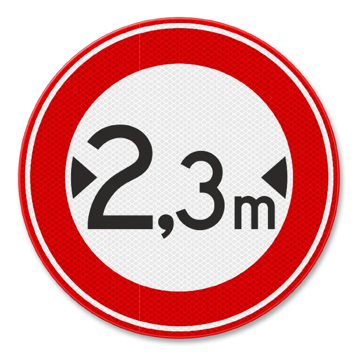 Placuta de circulatie accesul interzis vehiculelor cu lățimea mai mare de 2.3 metri