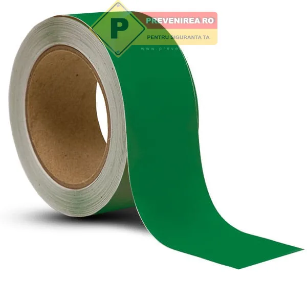 Bandă verde adezivă pentru semnalizare și delimitare spații de depozitare